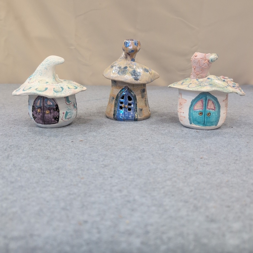 Tay Nunn Alabama Artist Handcrafted Miniature Ceramic 3 Fairy Houses Pottery